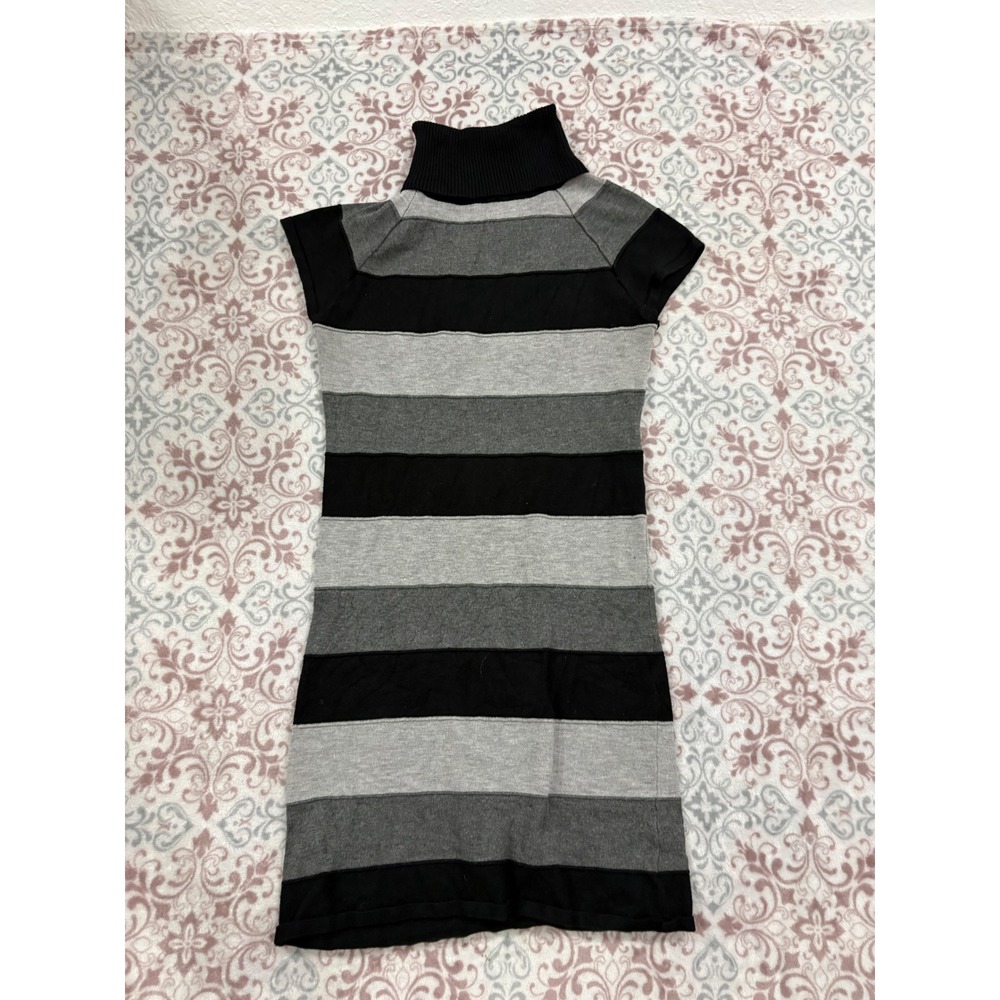 Xhilaration Womens XS Black Grey Striped Short Sleeve Turtleneck Sweater Dress